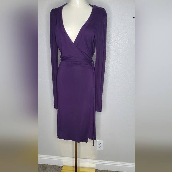 GAP Purple Long Sleeve True Wrap Around Jersey Knit Midi  Dress Size Small - Picture 3 of 6